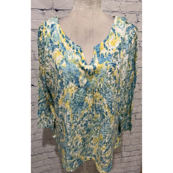 Ruby Rd. Favorites Yellow Blue Floral 3/4 Sleeve Blouse Top Shirt Size XL - Picture 1 of 6